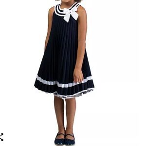 Bonnie Jean Navy and White Pleated Trapeze Sailor Dress with Bow